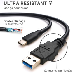 Cordon USB 3.1 type C / USB 3.0 A mâle-mâle 3A Double blindage 1.00m