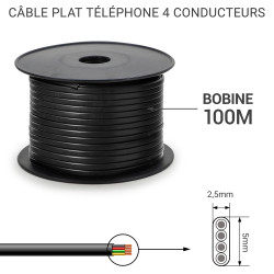Bobine de câble plat 4 conducteurs RJ11 100.00m noire