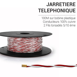 Jarretière téléphonique 2 fils cuivre rouge/blanc touret plast. 100m
