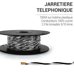 Jarretière téléphonique 2 fils cuivre noir/blanc touret plast. 100m