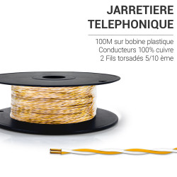 Jarretière téléphonique 2 fils cuivre jaune/blanc touret plast. 100m