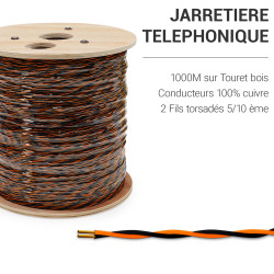 Jarretière téléphonique 2 fils cuivre noir/orange touret 1000m