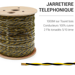 Jarretière téléphonique 2 fils cuivre noir/jaune touret 1000m