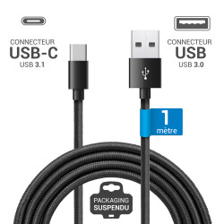 Cordon Nylon USB 3.1 type C / USB A mâle-mâle 1.00m Noir S