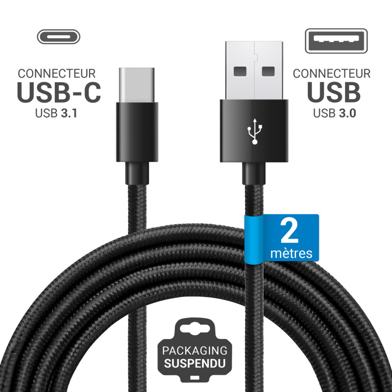 Cordon Nylon USB 3.1 type C / USB A mâle-mâle 2.00m Noir S