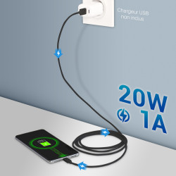 Cordon Nylon USB 3.1 type C / USB A mâle-mâle 2.00m Noir S