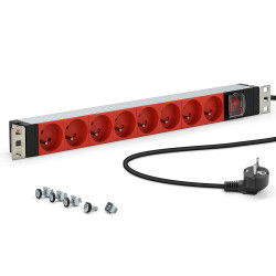 Multiprise 19  rackable 8 prises ROUGE avec inter et orientable 1,80m