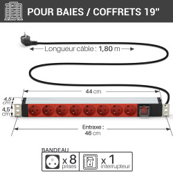Multiprise 19  rackable 8 prises ROUGE avec inter et orientable 1,80m
