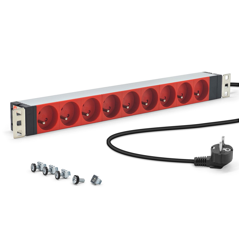 Multiprise 19  rackable 9 prises ROUGE fixation orientable cable 1,8m
