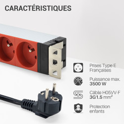 Multiprise 19  rackable 9 prises ROUGE fixation orientable cable 1,8m