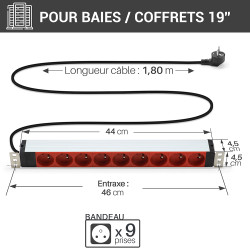 Multiprise 19  rackable 9 prises ROUGE fixation orientable cable 1,8m