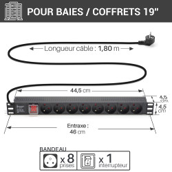Multiprise rackable 19 pouces 8 prises avec interrupteur cable 1,80m