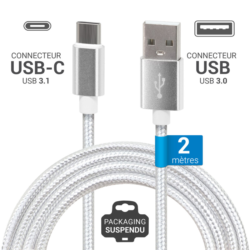 Cordon Nylon USB 3.1 type C / USB A mâle-mâle 2.00m Blanc S