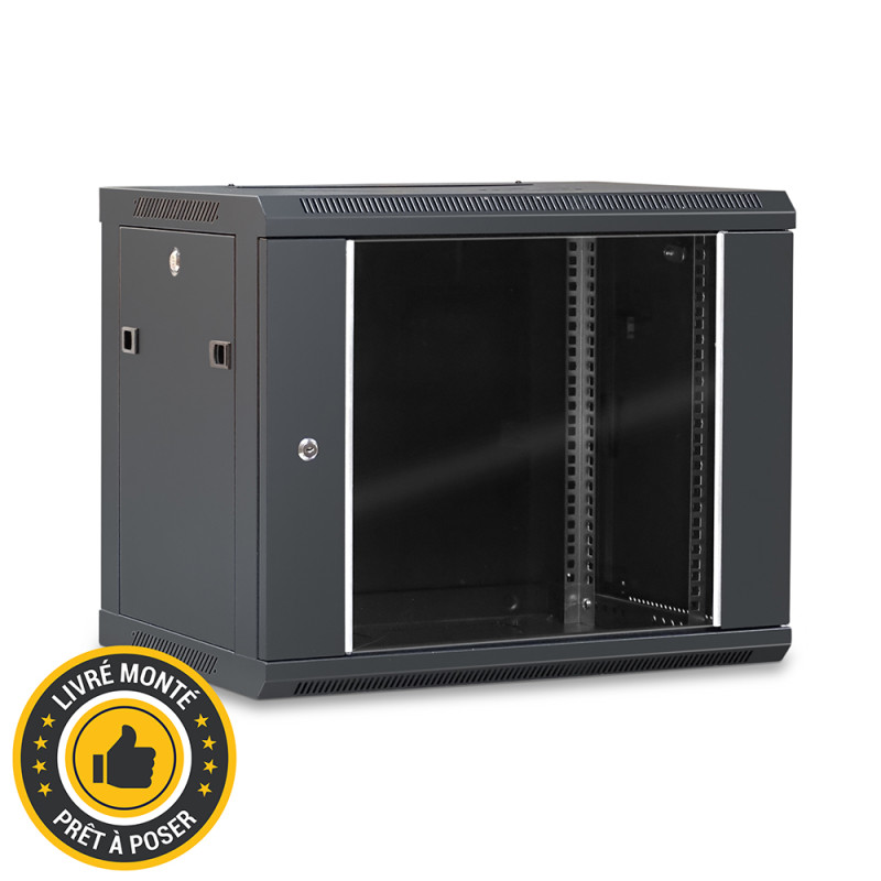 Coffret réseau 19'' 9U porte vitrée 600x450 noir monté