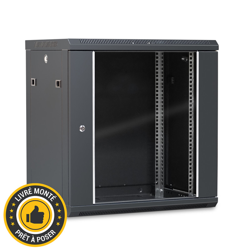 Coffret réseau 19'' 12U porte vitrée 600x450 noir monté