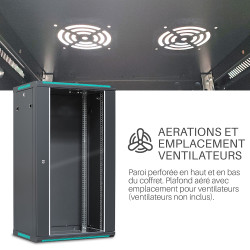 Coffret réseau 19'' 22U porte vitrée 600x450 noir monté