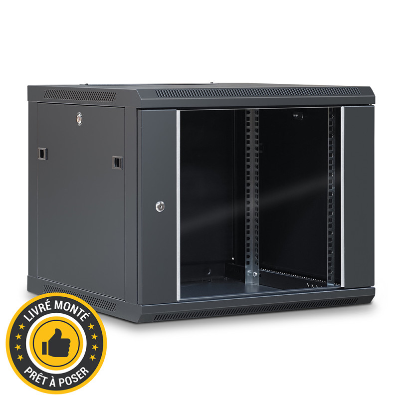 Coffret réseau 19'' 9U porte vitrée 600x600 noir monté