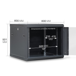 Coffret réseau 19'' 9U porte vitrée 600x600 noir monté