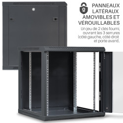 Coffret réseau 19'' 12U porte vitrée 600x600 noir démonté