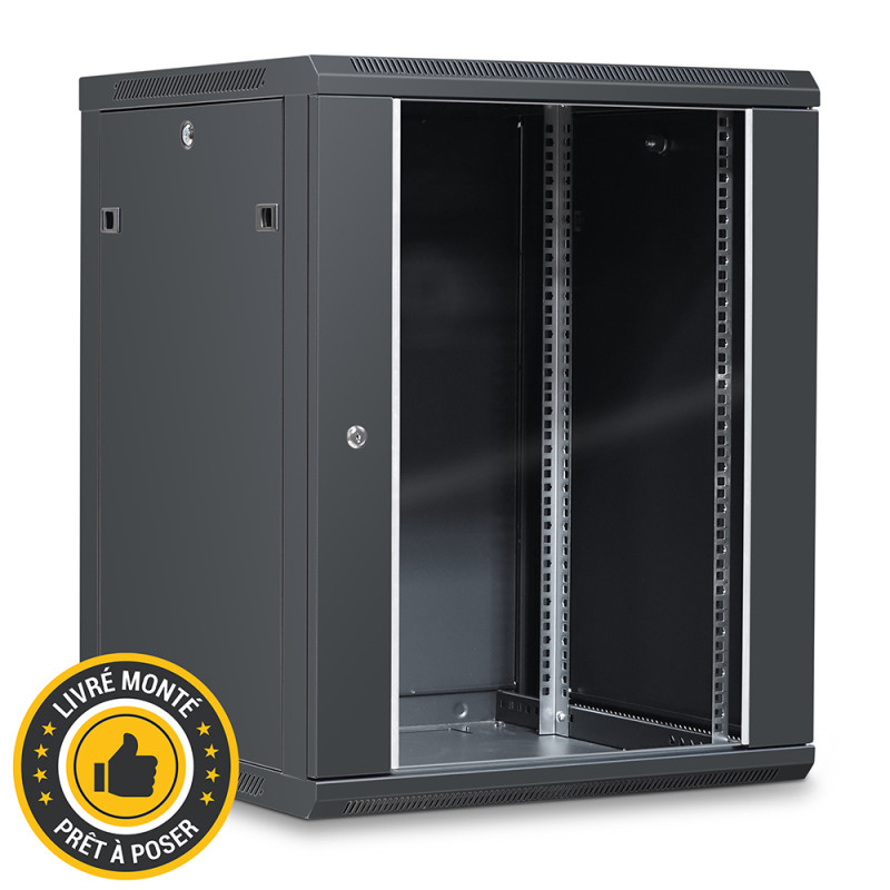 Coffret réseau 19'' 15U porte vitrée 600x600 noir monté