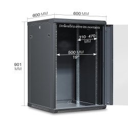 Coffret réseau 19'' 18U porte vitrée 600x600 noir monté