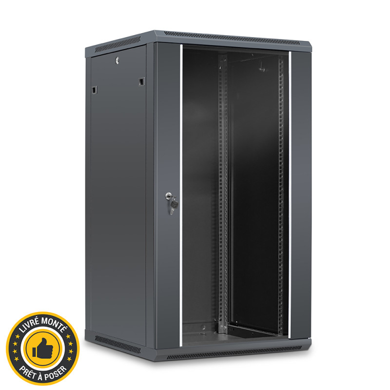 Coffret réseau 19'' 22U porte vitrée 600x600 noir monté