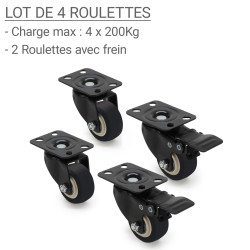 Jeu de 4 roulettes pour coffret et armoire 2 normal 2 frein