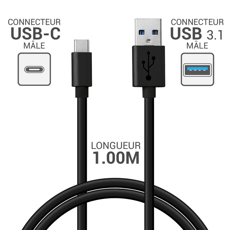 Cordon Moulé Type C USB 3.1 / USB 3.0 A mâle-mâle 1.00m Suspendu