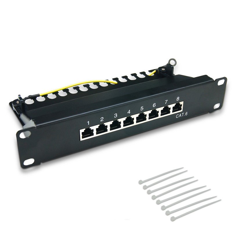 Panneau de brassage noir 8 ports Cat. 6 blindé rackable 10 