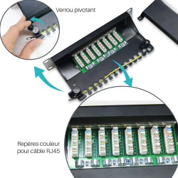 Panneau de brassage noir 8 ports Cat. 6 blindé rackable 10 
