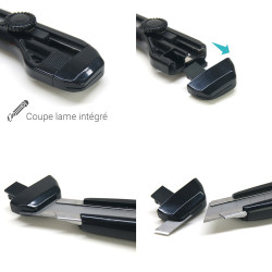 Cutter pro solide avec lame 18mm et réserve 2 lames dans réceptacle