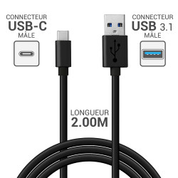 Cordon Moulé Type C USB 3.1 / USB 3.0 A mâle-mâle 2.00m Suspendu