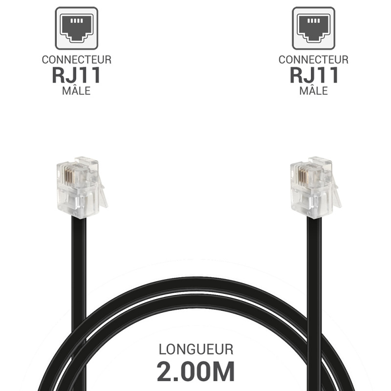 Cordon téléphone RJ11 M/M 2.00M noir