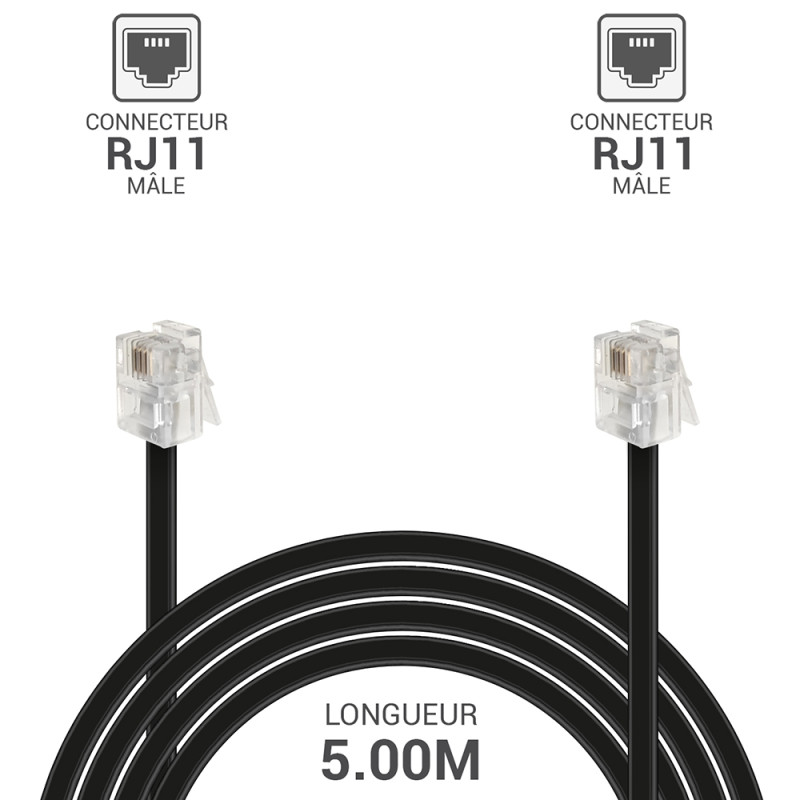 Cordon téléphone RJ11 M/M 5.00M noir