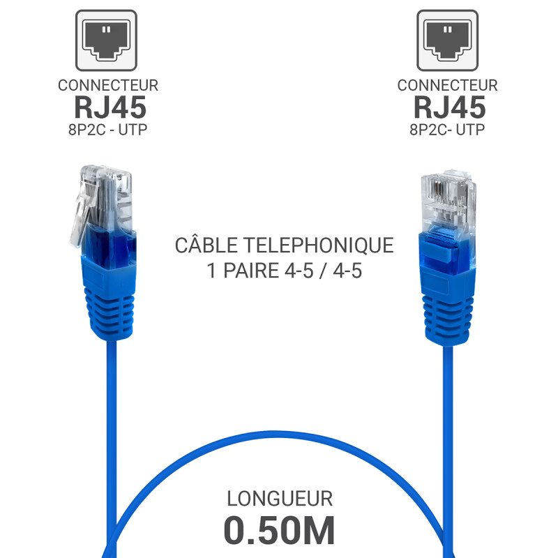 Cordon téléphone RJ45 1 paire 4-5/4-5 bleu 0.50m