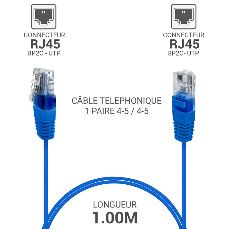 Cordon téléphone RJ45 1 paire 4-5/4-5 bleu 1.00m