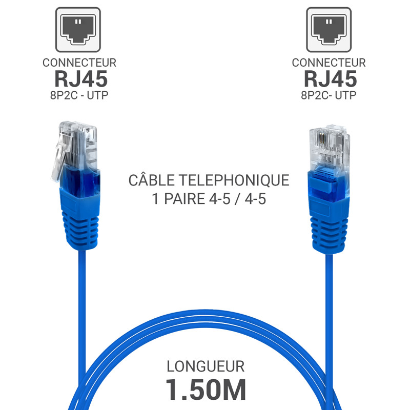 Cordon téléphone RJ45 1 paire 4-5/4-5 bleu 1.50m