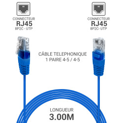Cordon téléphone RJ45 1 paire 4-5/4-5 bleu 3.00m