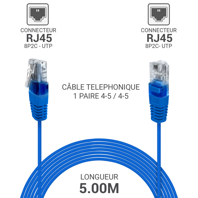 Cordon téléphone RJ45 1 paire 4-5/4-5 bleu 5.00m