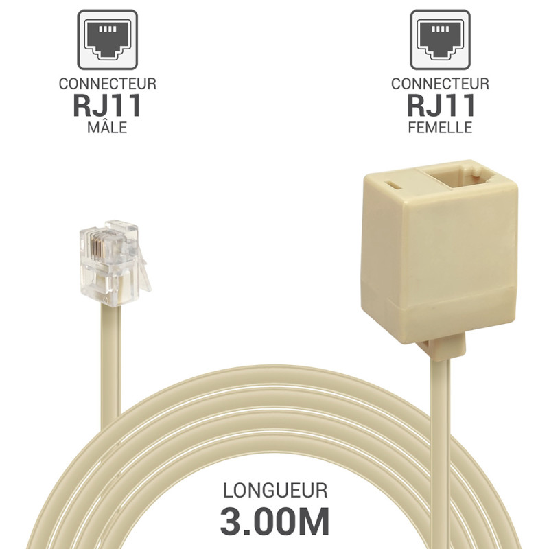 Rallonge téléphonique RJ11 Male à RJ11 Femelle 3,00 mètres Beige