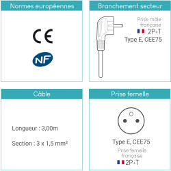 Rallonge Prolongateur électrique 2P+T 3G1.5mm2 - 3.00 mètres noir