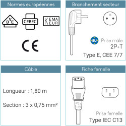 Cordon alimentation secteur 2 P+T CEE7/IEC C13 10A/250V 1.80 Mètres