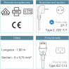 Cordon alimentation secteur 2 P+T CEE7/IEC C13 10A/250V 1.80 Mètres