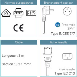 Cordon alimentation secteur 2 P+T CEE7/IEC C13 10A/250V 3,00 Mètres