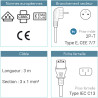 Cordon alimentation secteur 2 P+T CEE7/IEC C13 10A/250V 3,00 Mètres