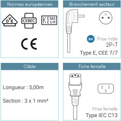 Cordon alimentation secteur 2 P+T CEE7/IEC C13 10A/250V 5,00 Mètres