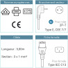 Cordon alimentation secteur 2 P+T CEE7/IEC C13 10A/250V 5,00 Mètres