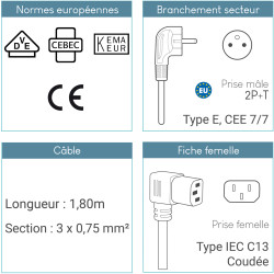 Cordon d'alim secteur coudé 2 pôles+terre CEE7/IEC C13 1.80 m noir