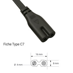 Cordon alimentation secteur bipolaire CEE716/IEC C7 1.80 Mètre Noir