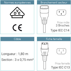 Rallonge alimentation IEC C13 / IEC C14 10A/250V 1.80 Mètre noire